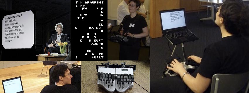 Mirabai Knight using a steno machine in different settings